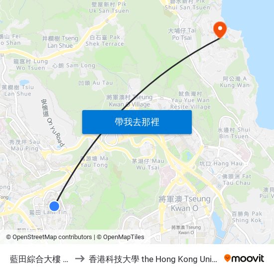 藍田綜合大樓 Lam Tin Complex to 香港科技大學 the Hong Kong University Of Science And Technology map