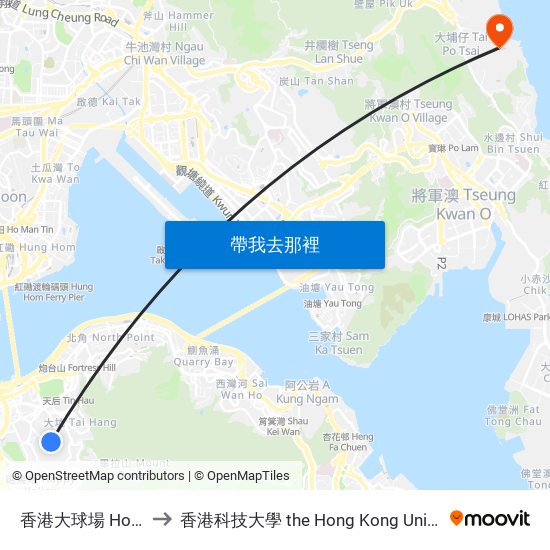 香港大球場 Hong Kong Stadium to 香港科技大學 the Hong Kong University Of Science And Technology map