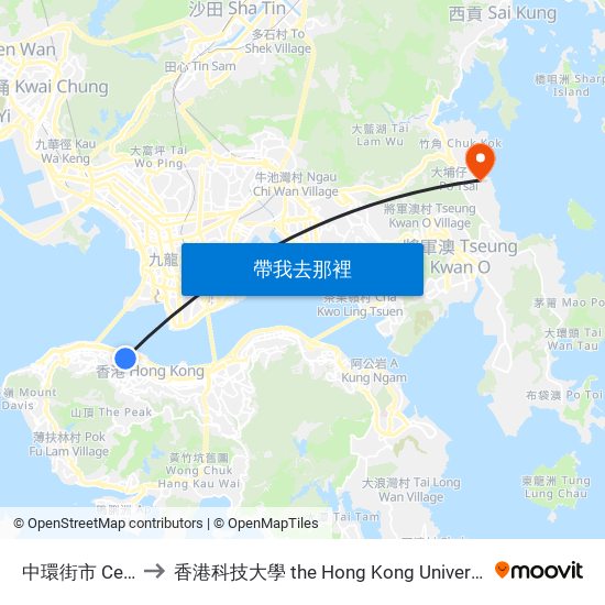 中環街市 Central Market to 香港科技大學 the Hong Kong University Of Science And Technology map
