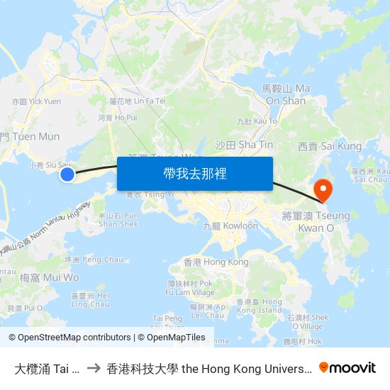 大欖涌 Tai Lam Chung to 香港科技大學 the Hong Kong University Of Science And Technology map