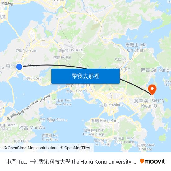 屯門 Tuen Mun to 香港科技大學 the Hong Kong University Of Science And Technology map