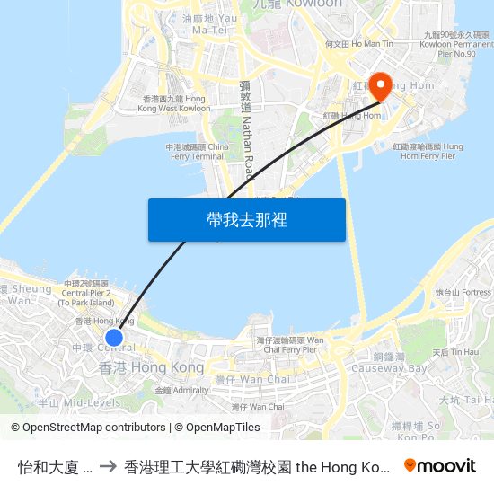 怡和大廈 Jardine House to 香港理工大學紅磡灣校園 the Hong Kong Polytechnic University Hung Hom Bay Campus map