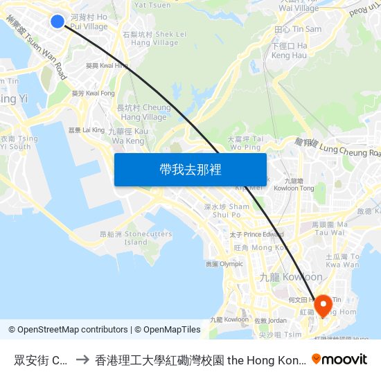 眾安街 Chung on Street to 香港理工大學紅磡灣校園 the Hong Kong Polytechnic University Hung Hom Bay Campus map