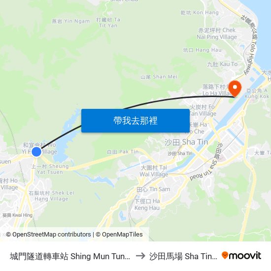 城門隧道轉車站 Shing Mun Tunnels Bus Interchange to 沙田馬場 Sha Tin Racecourse map