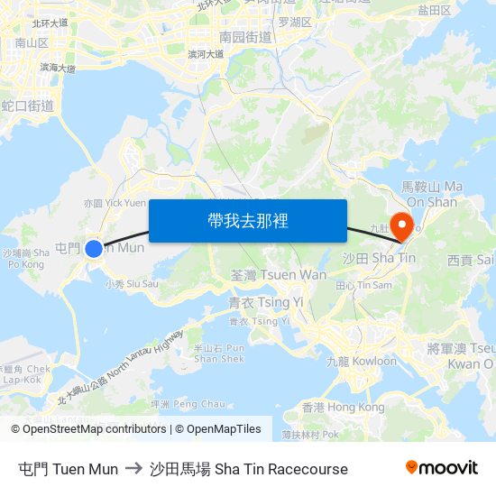 屯門 Tuen Mun to 沙田馬場 Sha Tin Racecourse map