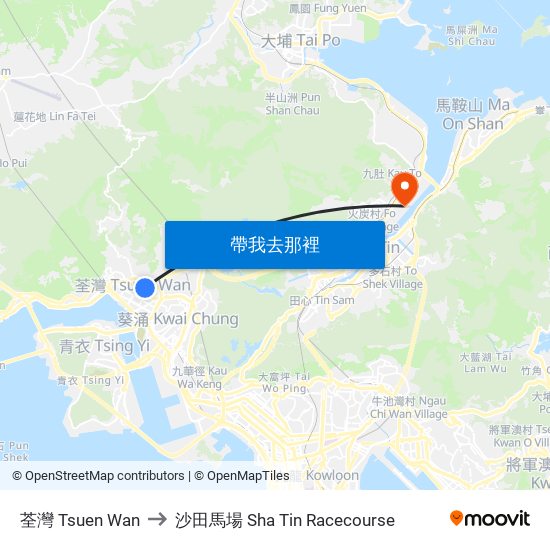 荃灣 Tsuen Wan to 沙田馬場 Sha Tin Racecourse map