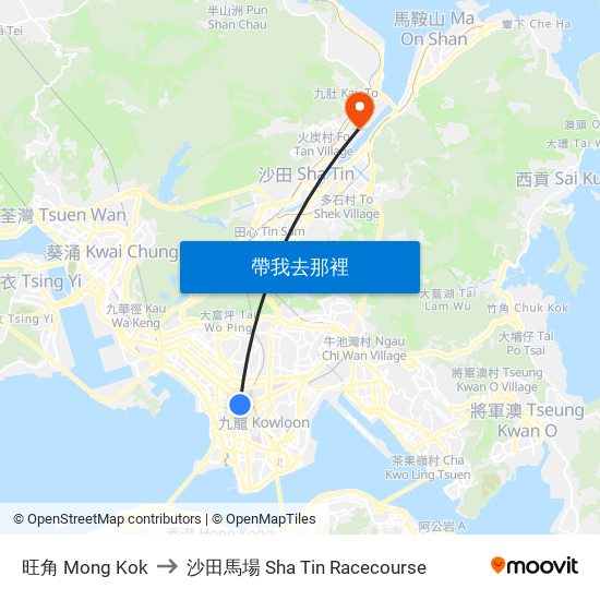 旺角 Mong Kok to 沙田馬場 Sha Tin Racecourse map