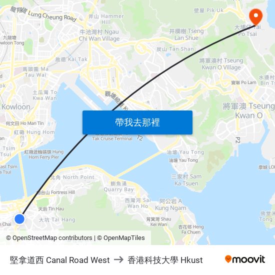 堅拿道西 Canal Road West to 香港科技大學 Hkust map
