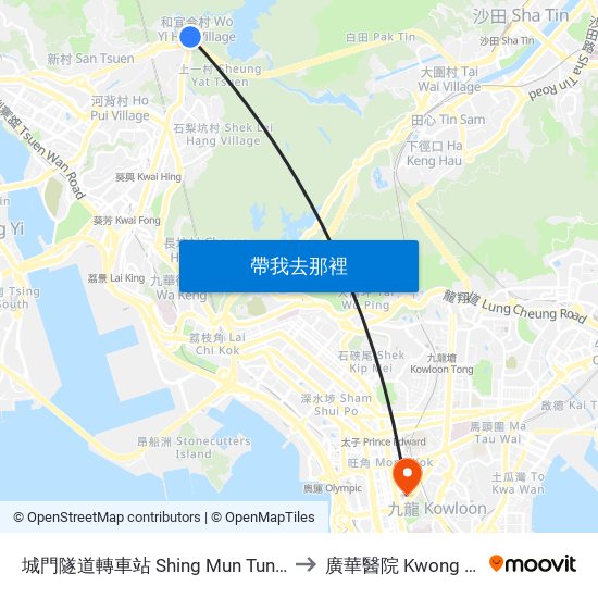 城門隧道轉車站 Shing Mun Tunnels Bus Interchange to 廣華醫院 Kwong Wah Hospital map