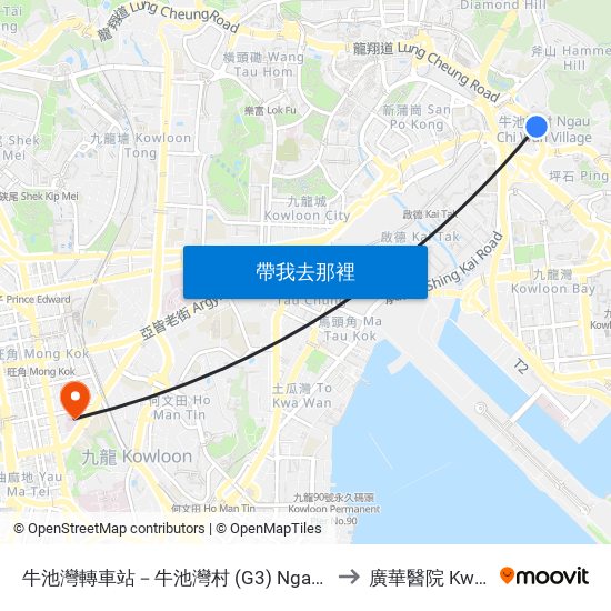 牛池灣轉車站－牛池灣村 (G3) Ngau Chi Wan Bbi - Ngau Chi Wan Village (G3) to 廣華醫院 Kwong Wah Hospital map