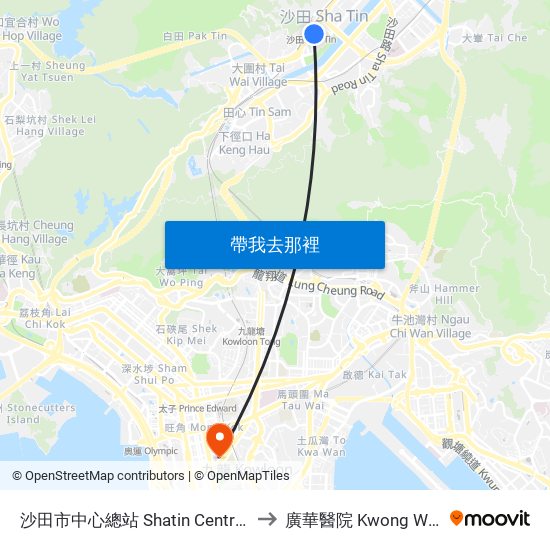 沙田市中心總站 Shatin Central Bus Terminus to 廣華醫院 Kwong Wah Hospital map