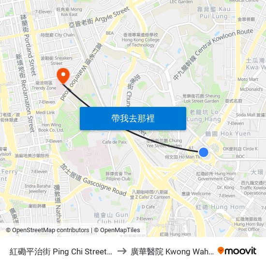 紅磡平治街 Ping Chi Street Hung Hom to 廣華醫院 Kwong Wah Hospital map
