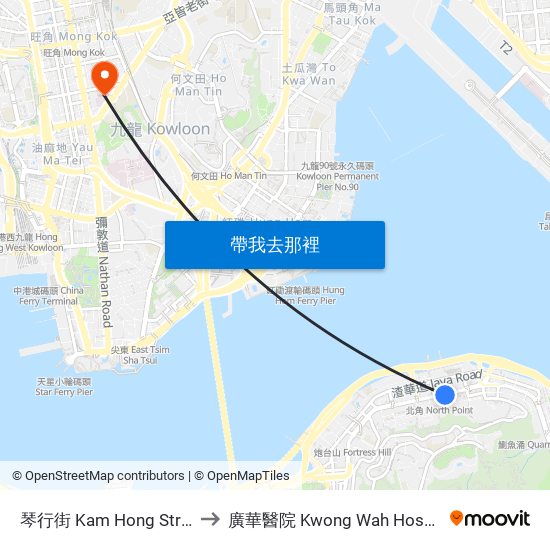 琴行街 Kam Hong Street to 廣華醫院 Kwong Wah Hospital map