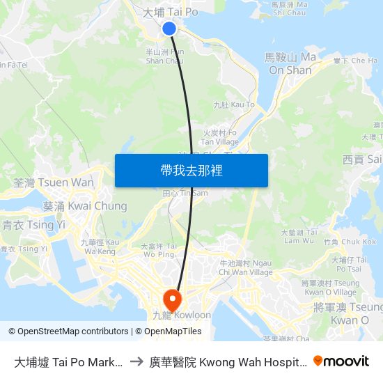 大埔墟 Tai Po Market to 廣華醫院 Kwong Wah Hospital map