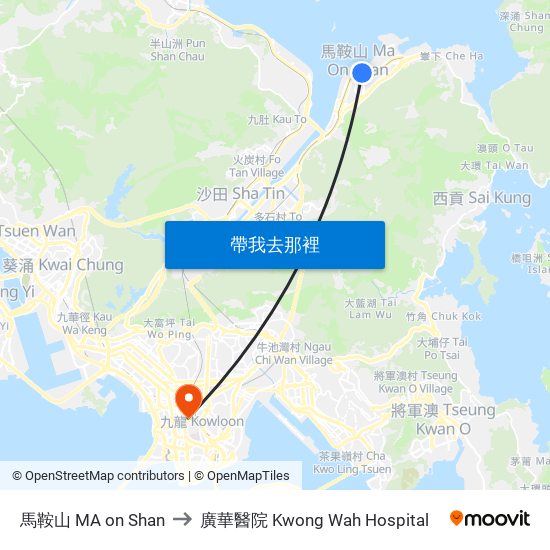 馬鞍山 MA on Shan to 廣華醫院 Kwong Wah Hospital map