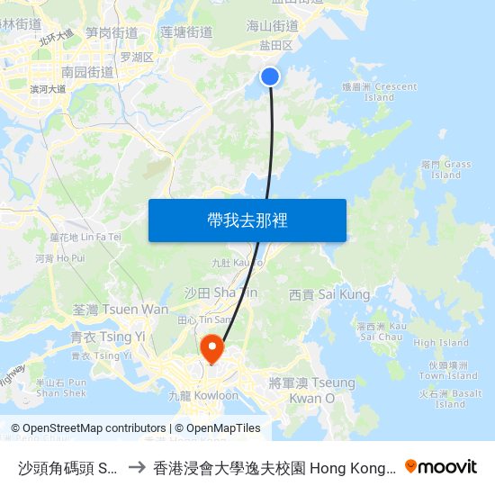 沙頭角碼頭 Sha Tau Kok Pier to 香港浸會大學逸夫校園 Hong Kong Baptist University Shaw Campus map