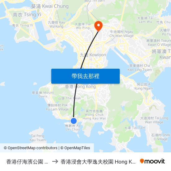 香港仔海濱公園 Aberdeen Promenade to 香港浸會大學逸夫校園 Hong Kong Baptist University Shaw Campus map