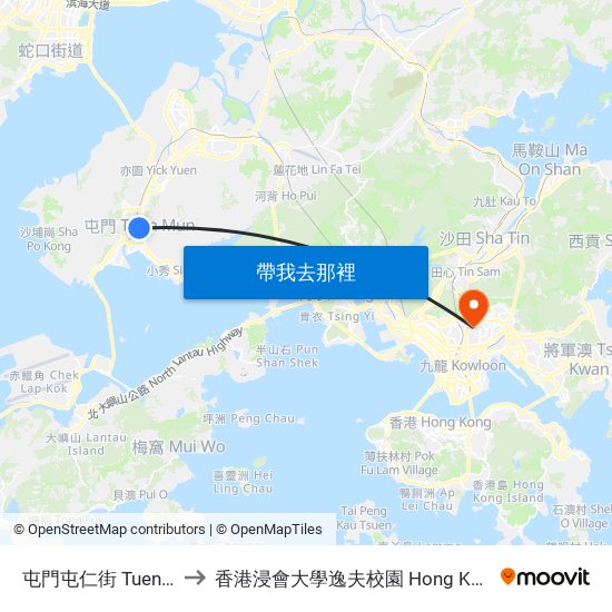 屯門屯仁街 Tuen Yan Street Tuen Mun to 香港浸會大學逸夫校園 Hong Kong Baptist University Shaw Campus map