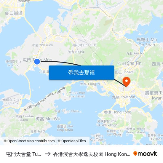 屯門大會堂 Tuen Mun Town Hall to 香港浸會大學逸夫校園 Hong Kong Baptist University Shaw Campus map