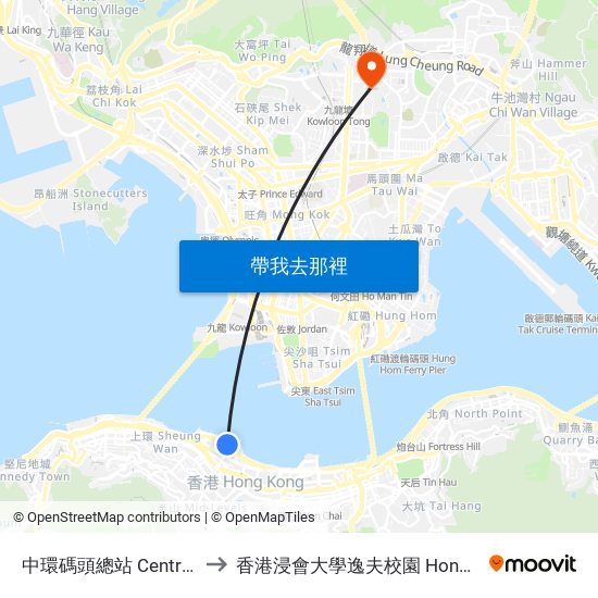 中環碼頭總站 Central (Ferry Piers) Bus Terminus to 香港浸會大學逸夫校園 Hong Kong Baptist University Shaw Campus map