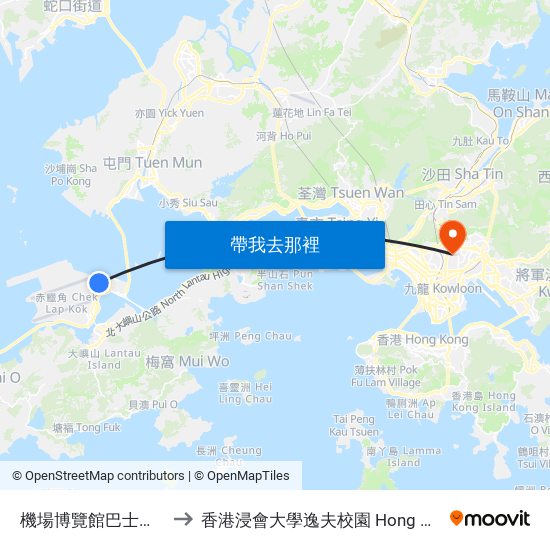 機場博覽館巴士總站 Asiaworld-Expo B/T to 香港浸會大學逸夫校園 Hong Kong Baptist University Shaw Campus map