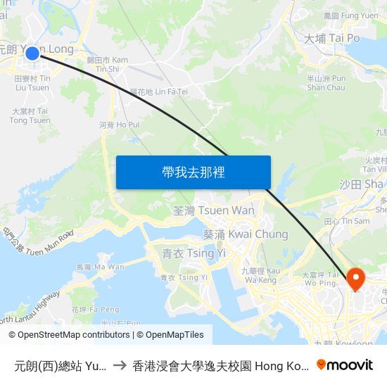 元朗(西)總站 Yuen Long (West) B/T to 香港浸會大學逸夫校園 Hong Kong Baptist University Shaw Campus map