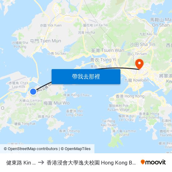 健東路 Kin Tung Road to 香港浸會大學逸夫校園 Hong Kong Baptist University Shaw Campus map