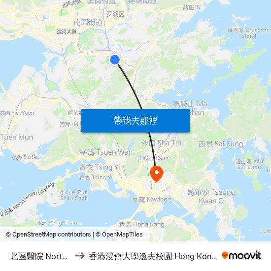 北區醫院 North District Hospital to 香港浸會大學逸夫校園 Hong Kong Baptist University Shaw Campus map