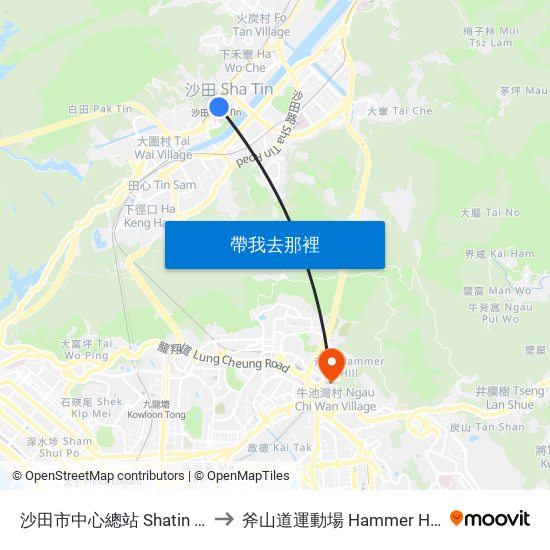 沙田市中心總站 Shatin Central Bus Terminus to 斧山道運動場 Hammer Hill Road Sports Ground map