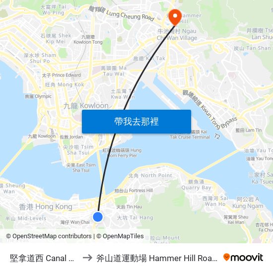 堅拿道西 Canal Road West to 斧山道運動場 Hammer Hill Road Sports Ground map