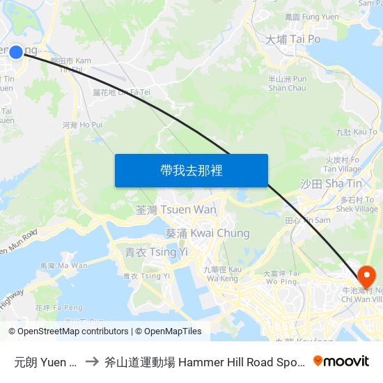 元朗 Yuen Long to 斧山道運動場 Hammer Hill Road Sports Ground map