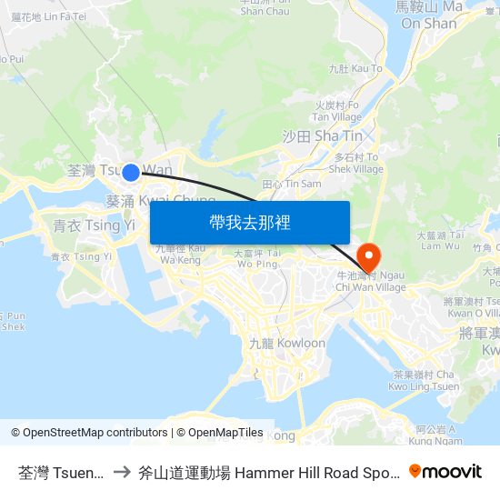 荃灣 Tsuen Wan to 斧山道運動場 Hammer Hill Road Sports Ground map