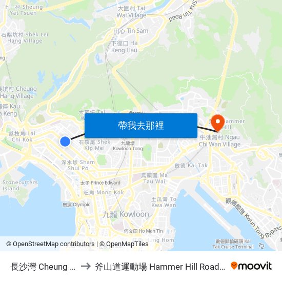 長沙灣 Cheung Sha Wan to 斧山道運動場 Hammer Hill Road Sports Ground map