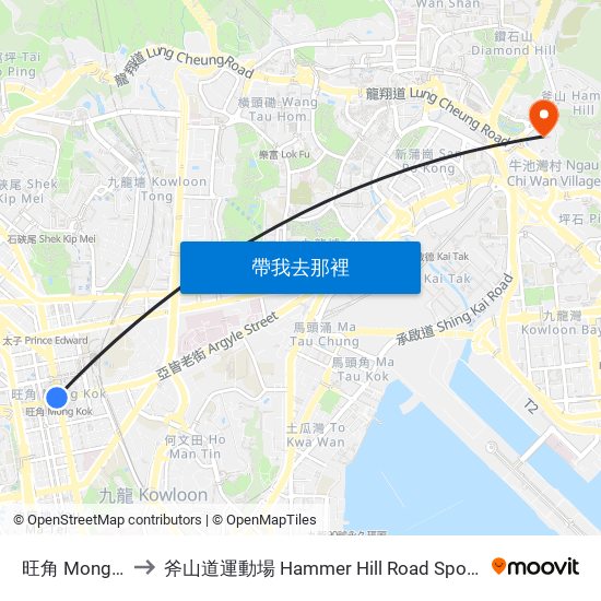 旺角 Mong Kok to 斧山道運動場 Hammer Hill Road Sports Ground map