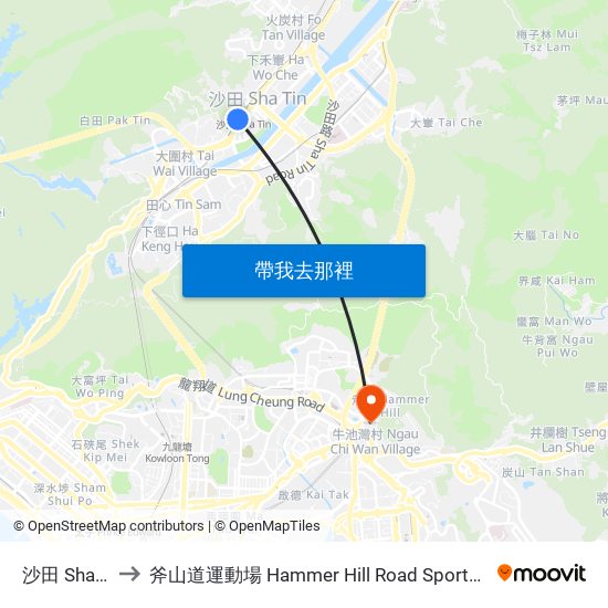 沙田 Sha Tin to 斧山道運動場 Hammer Hill Road Sports Ground map