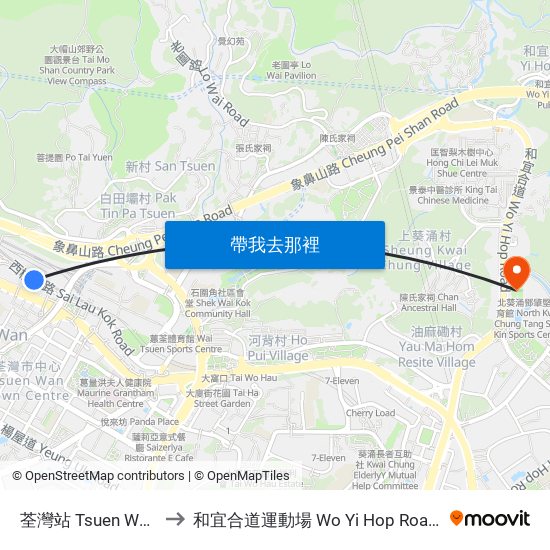 荃灣站 Tsuen Wan Station to 和宜合道運動場 Wo Yi Hop Road Sport Ground map