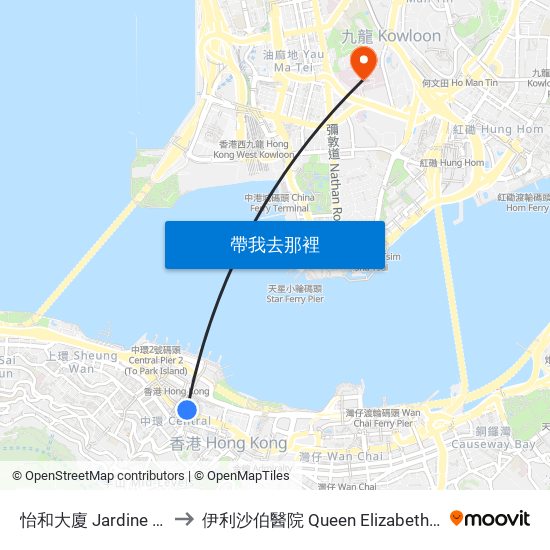 怡和大廈 Jardine House to 伊利沙伯醫院 Queen Elizabeth Hospital map