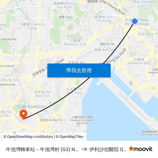 牛池灣轉車站－牛池灣村 (G3) Ngau Chi Wan Bbi - Ngau Chi Wan Village (G3) to 伊利沙伯醫院 Queen Elizabeth Hospital map
