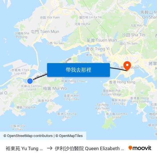 裕東苑 Yu Tung Court to 伊利沙伯醫院 Queen Elizabeth Hospital map