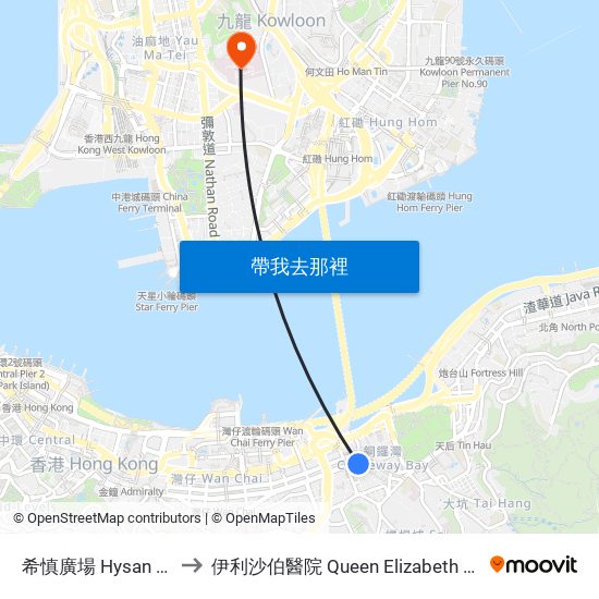 希慎廣場 Hysan Place to 伊利沙伯醫院 Queen Elizabeth Hospital map