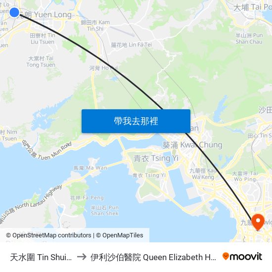 天水圍 Tin Shui Wai to 伊利沙伯醫院 Queen Elizabeth Hospital map