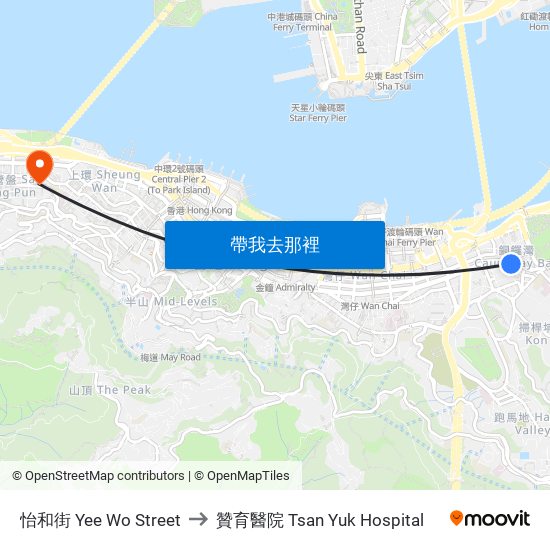 怡和街 Yee Wo Street to 贊育醫院 Tsan Yuk Hospital map