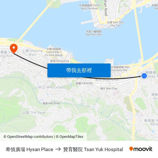 希慎廣場 Hysan Place to 贊育醫院 Tsan Yuk Hospital map