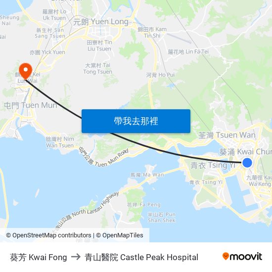 葵芳 Kwai Fong to 青山醫院 Castle Peak Hospital map