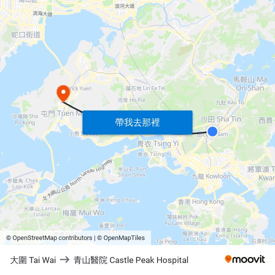 大圍 Tai Wai to 青山醫院 Castle Peak Hospital map