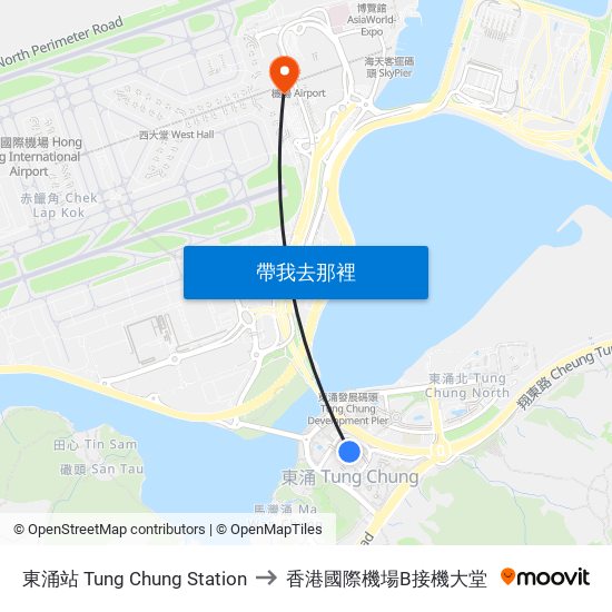 東涌站 Tung Chung Station to 香港國際機場B接機大堂 map