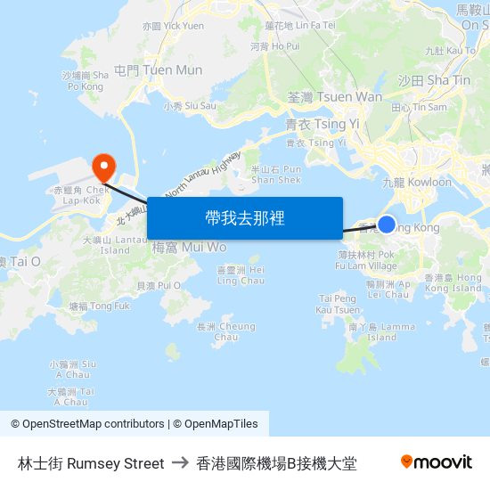 林士街 Rumsey Street to 香港國際機場B接機大堂 map
