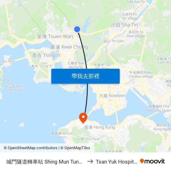 城門隧道轉車站 Shing Mun Tunnels Bus Interchange to Tsan Yuk Hospital 贊育醫院 map