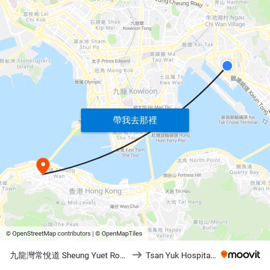 九龍灣常悅道 Sheung Yuet Road Kowloon Bay to Tsan Yuk Hospital 贊育醫院 map
