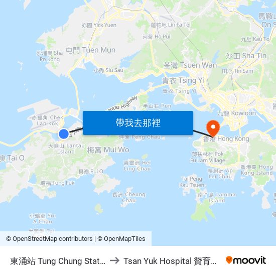 東涌站 Tung Chung Station to Tsan Yuk Hospital 贊育醫院 map